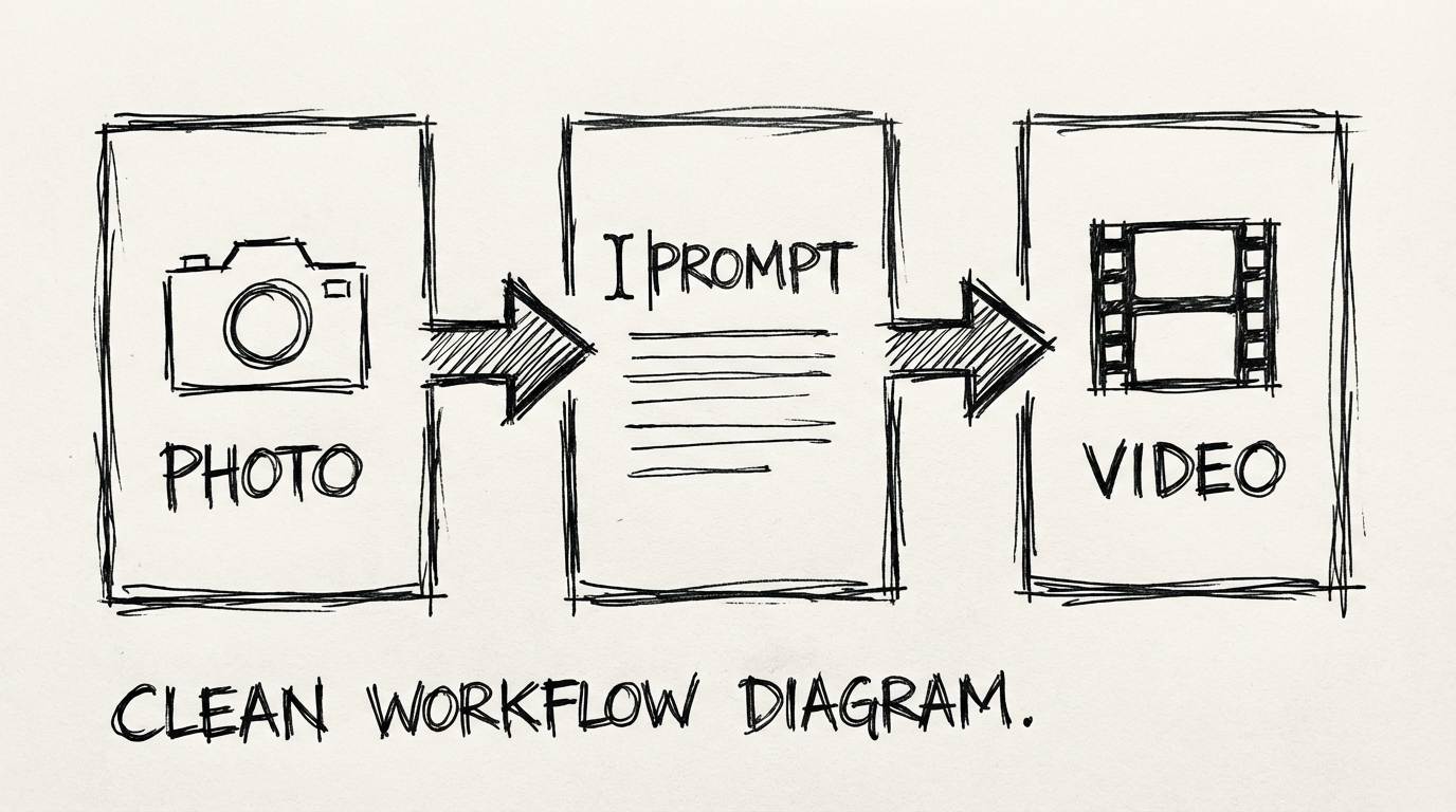 Image-to-video workflow: photo input, prompt, and generated output