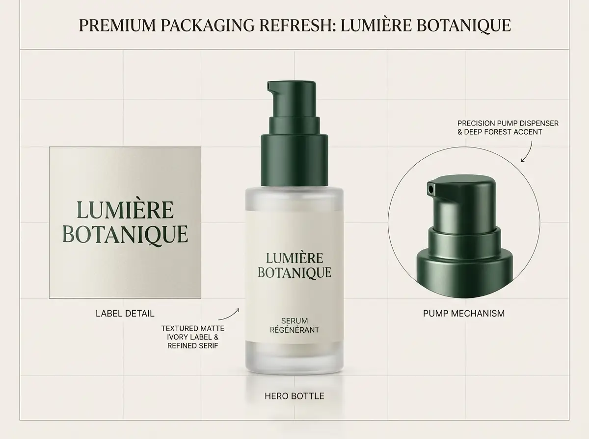 A premium packaging refresh board for a skincare bottle with clean labels and refined layout.