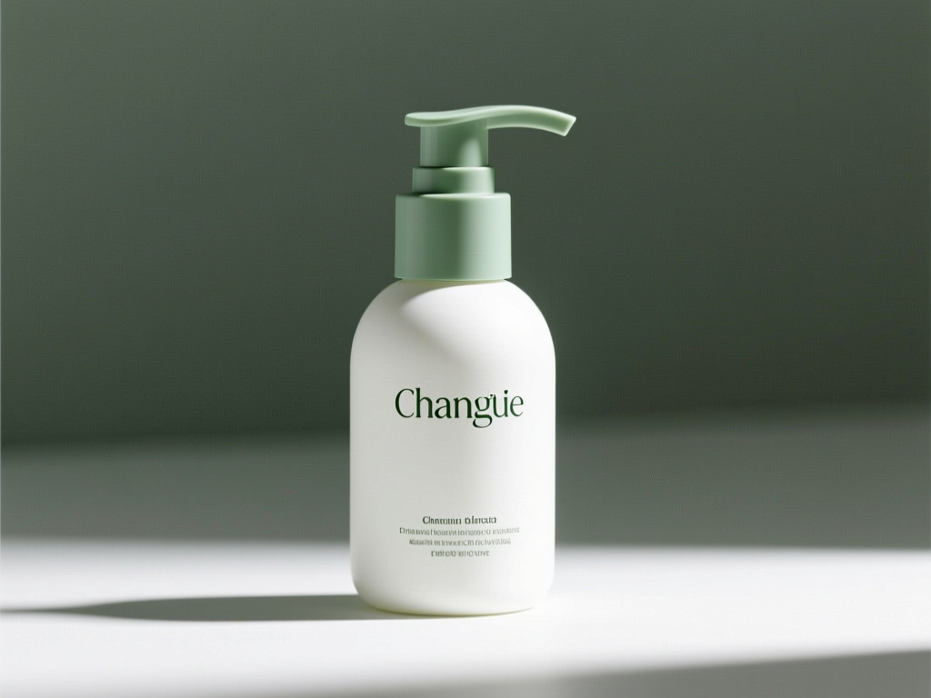 A matte white skincare pump bottle with sage green accents generated from a reference-driven packaging refresh prompt.